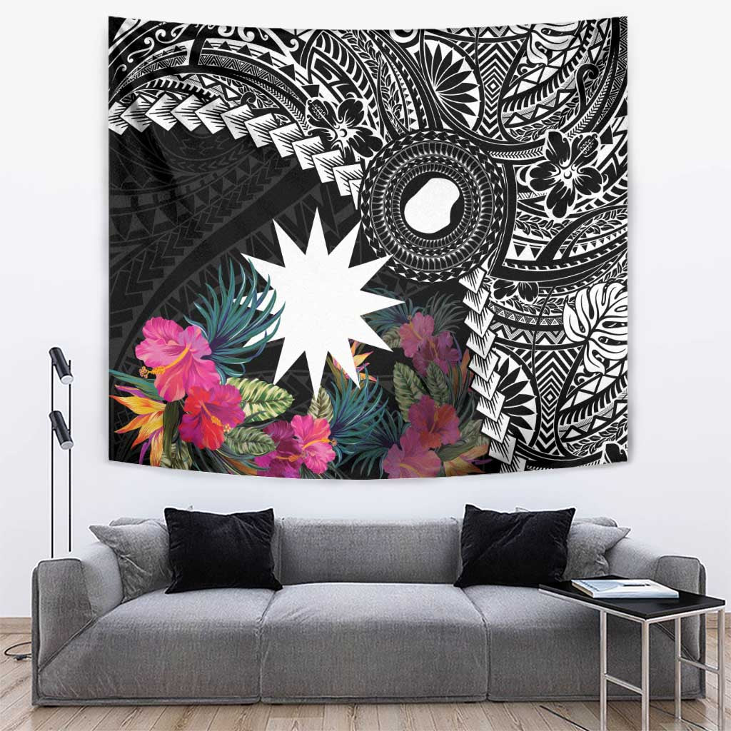 Black Nauru Tapestry Naoero Map With Polynesian Tropical Flowers LT14 Black - Polynesian Pride