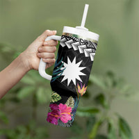 Black Nauru Tumbler With Handle Naoero Map With Polynesian Tropical Flowers