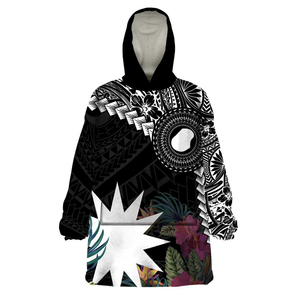 Black Nauru Wearable Blanket Hoodie Naoero Map With Polynesian Tropical Flowers LT14 One Size Black - Polynesian Pride