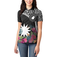 Black Nauru Women Polo Shirt Naoero Map With Polynesian Tropical Flowers
