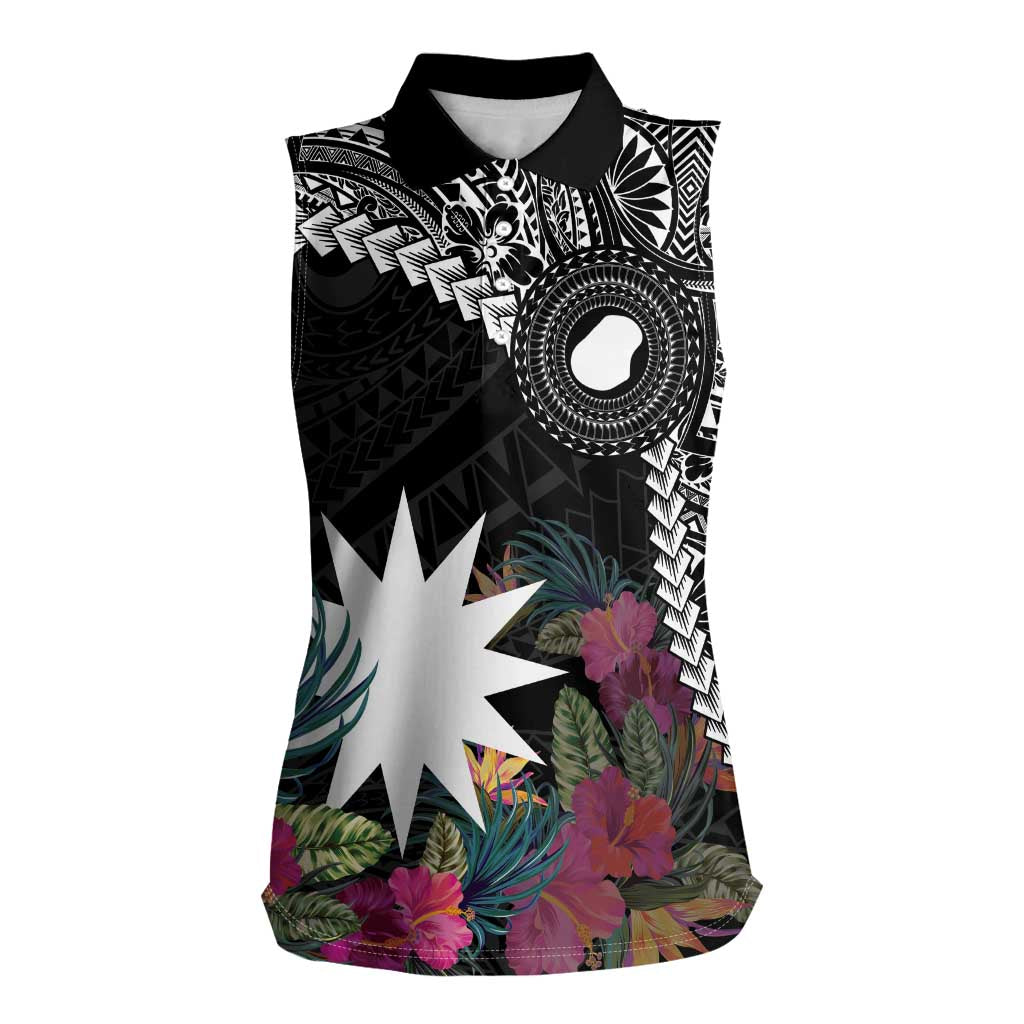 Black Nauru Women Sleeveless Polo Shirt Naoero Map With Polynesian Tropical Flowers LT14 Female Black - Polynesian Pride