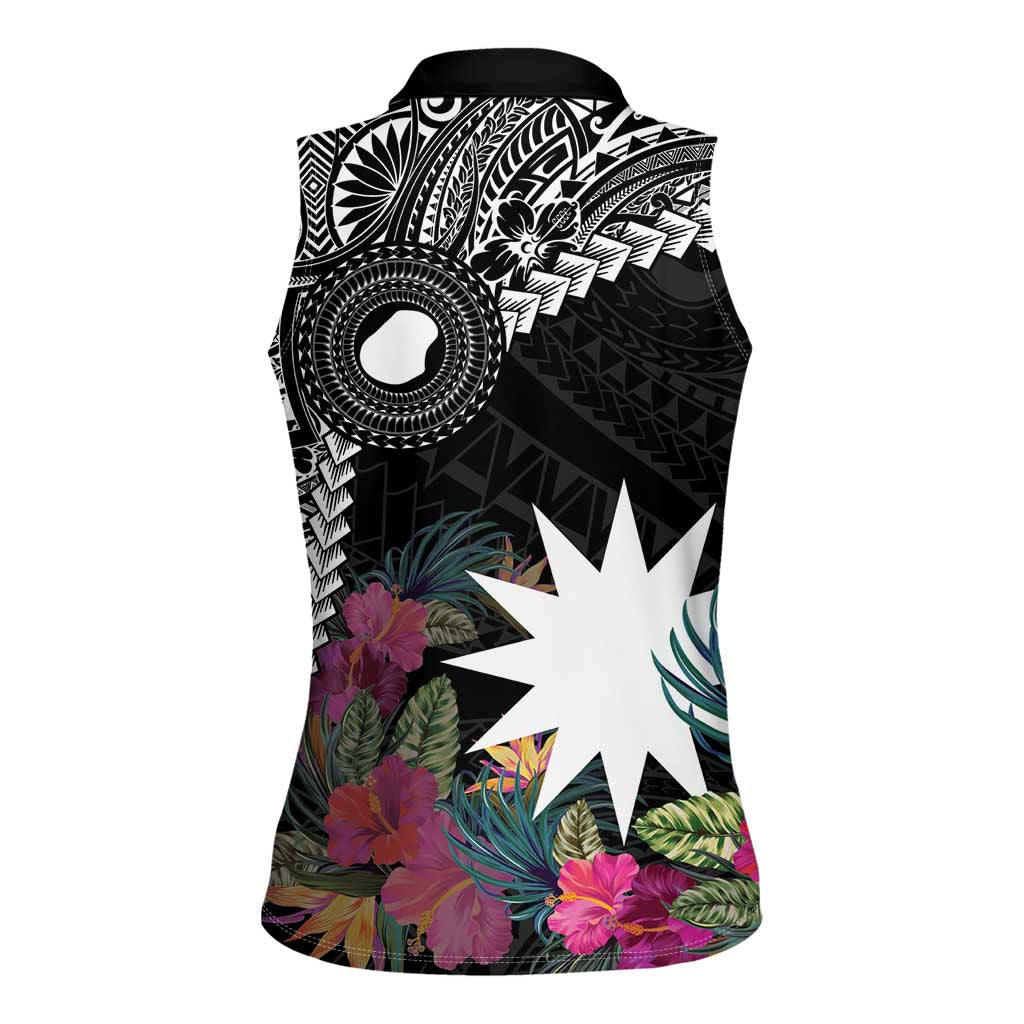 Black Nauru Women Sleeveless Polo Shirt Naoero Map With Polynesian Tropical Flowers LT14 - Polynesian Pride