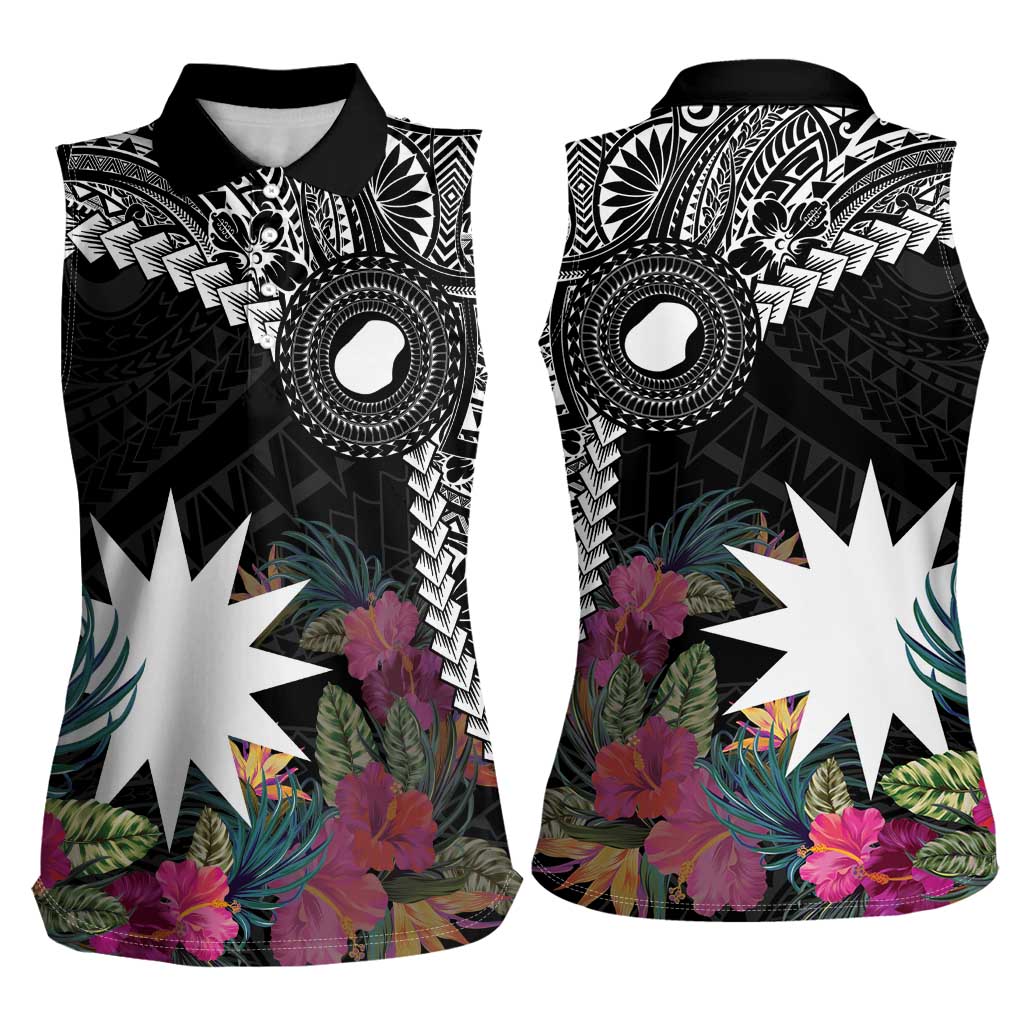 Black Nauru Women Sleeveless Polo Shirt Naoero Map With Polynesian Tropical Flowers LT14 - Polynesian Pride