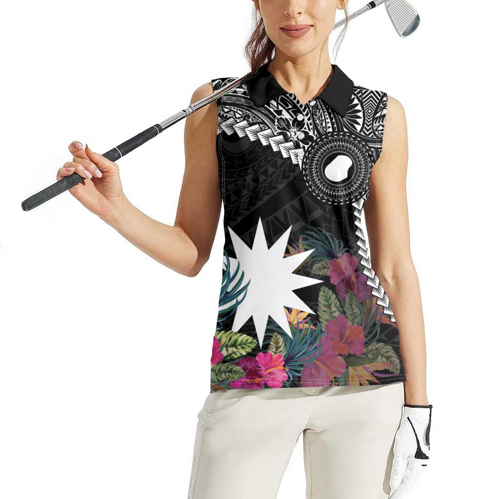 Black Nauru Women Sleeveless Polo Shirt Naoero Map With Polynesian Tropical Flowers LT14 - Polynesian Pride
