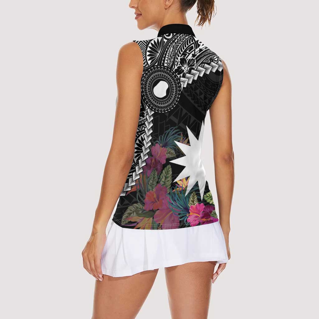 Black Nauru Women Sleeveless Polo Shirt Naoero Map With Polynesian Tropical Flowers LT14 - Polynesian Pride