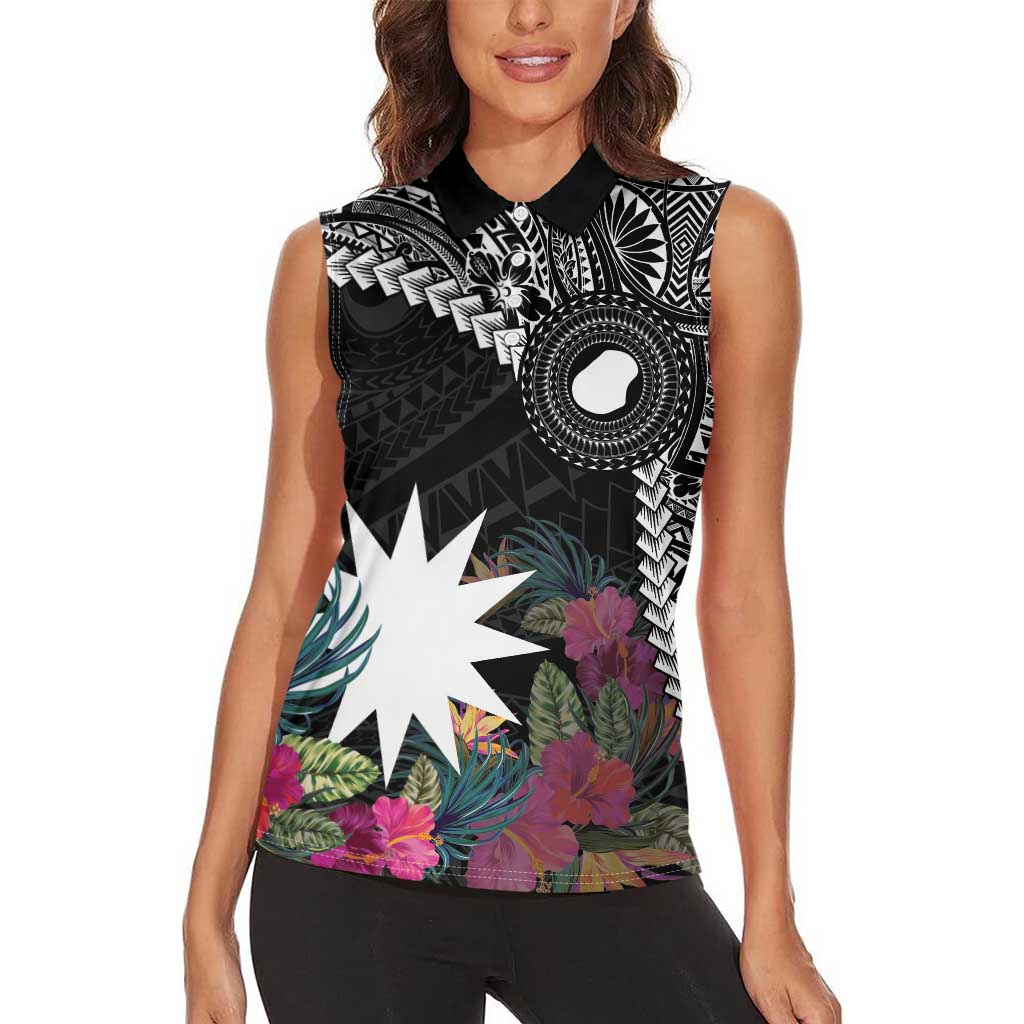 Black Nauru Women Sleeveless Polo Shirt Naoero Map With Polynesian Tropical Flowers LT14 - Polynesian Pride