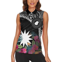 Black Nauru Women Sleeveless Polo Shirt Naoero Map With Polynesian Tropical Flowers LT14 - Polynesian Pride
