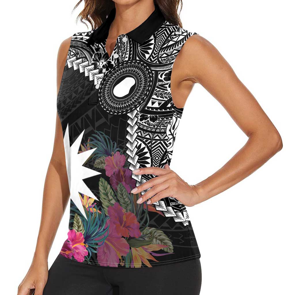 Black Nauru Women Sleeveless Polo Shirt Naoero Map With Polynesian Tropical Flowers LT14 - Polynesian Pride