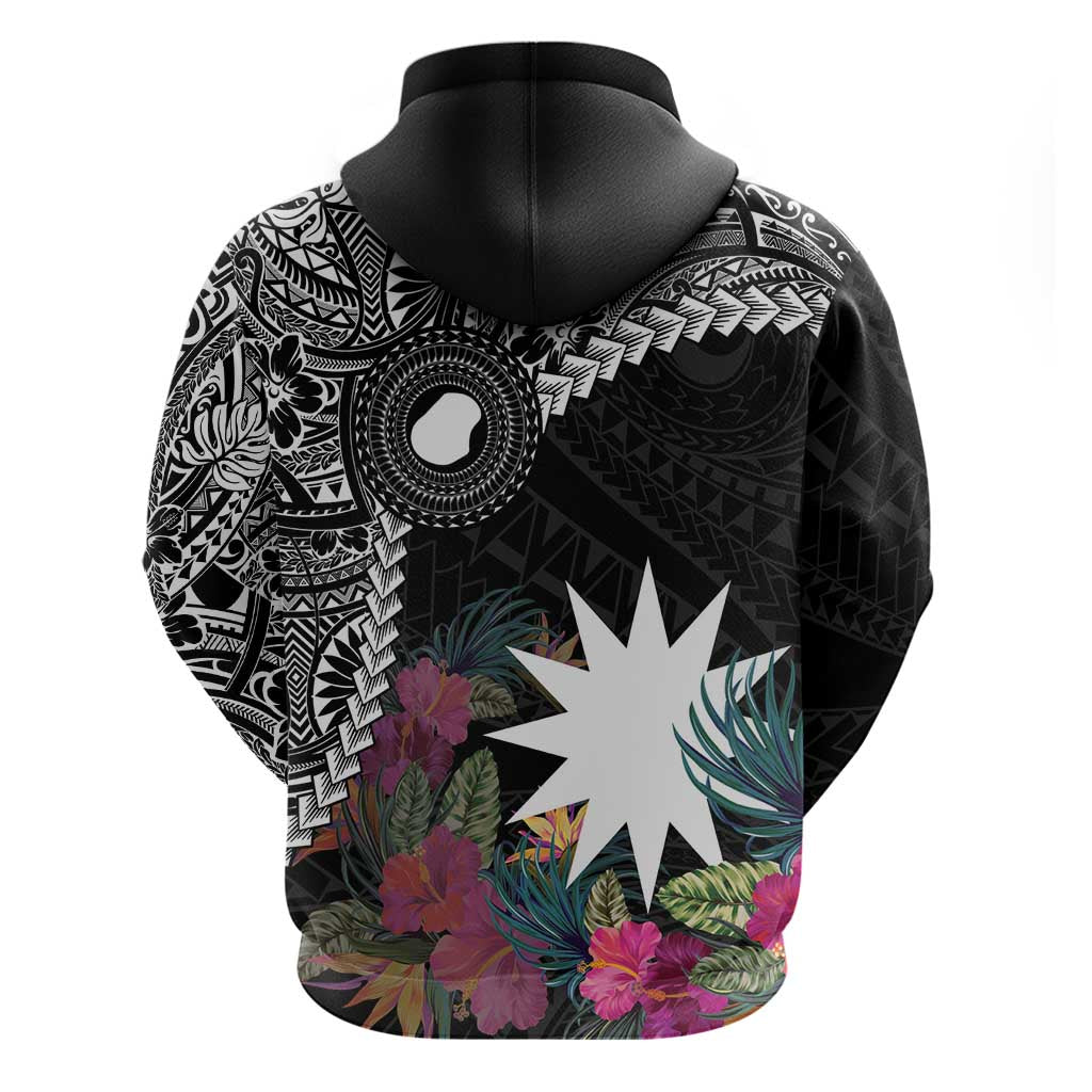 Black Nauru Zip Hoodie Naoero Map With Polynesian Tropical Flowers LT14 - Polynesian Pride
