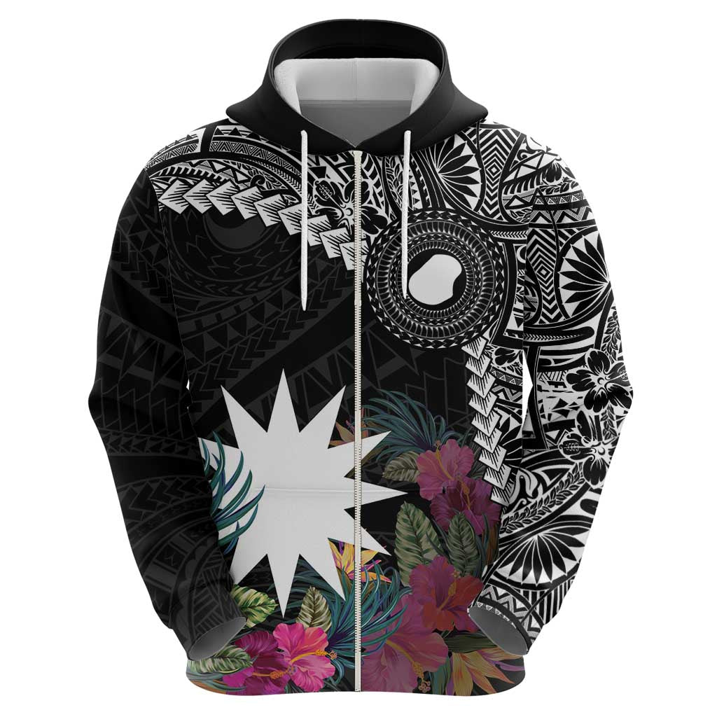 Black Nauru Zip Hoodie Naoero Map With Polynesian Tropical Flowers LT14 - Polynesian Pride
