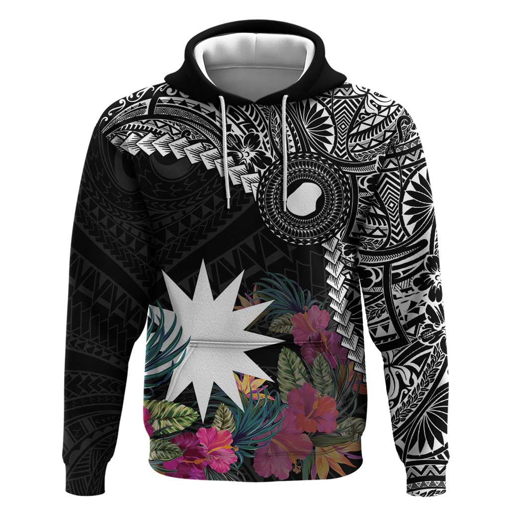 Black Nauru Zip Hoodie Naoero Map With Polynesian Tropical Flowers LT14 Pullover Hoodie Black - Polynesian Pride
