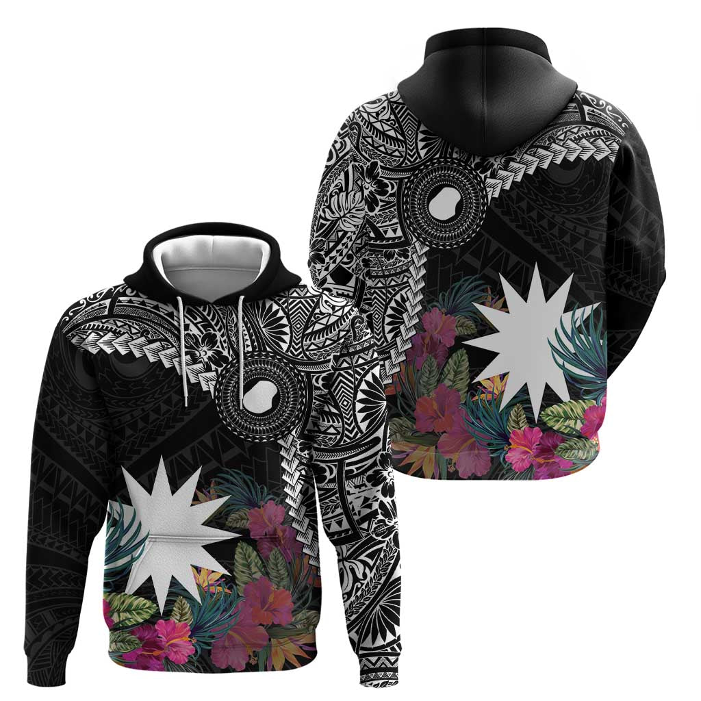 Black Nauru Zip Hoodie Naoero Map With Polynesian Tropical Flowers LT14 - Polynesian Pride
