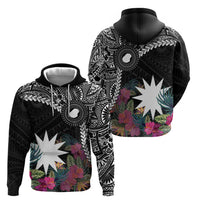 Black Nauru Zip Hoodie Naoero Map With Polynesian Tropical Flowers LT14 - Polynesian Pride
