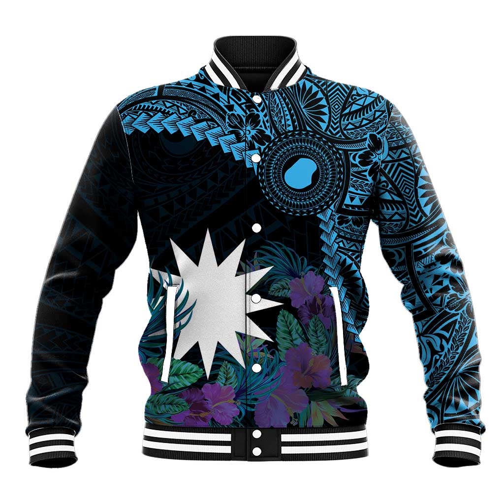 Blue Nauru Baseball Jacket Naoero Map With Polynesian Tropical Flowers