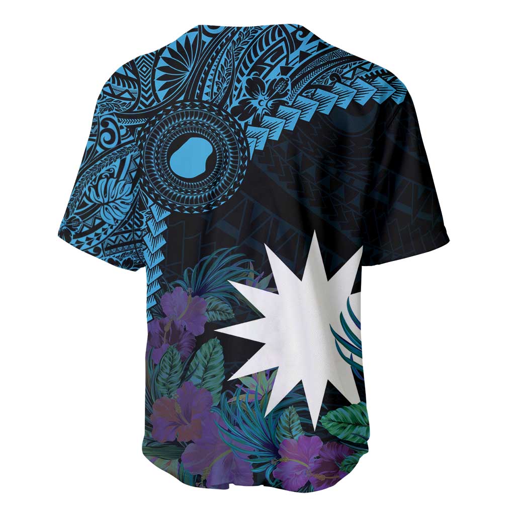 Blue Nauru Baseball Jersey Naoero Map With Polynesian Tropical Flowers LT14 - Polynesian Pride