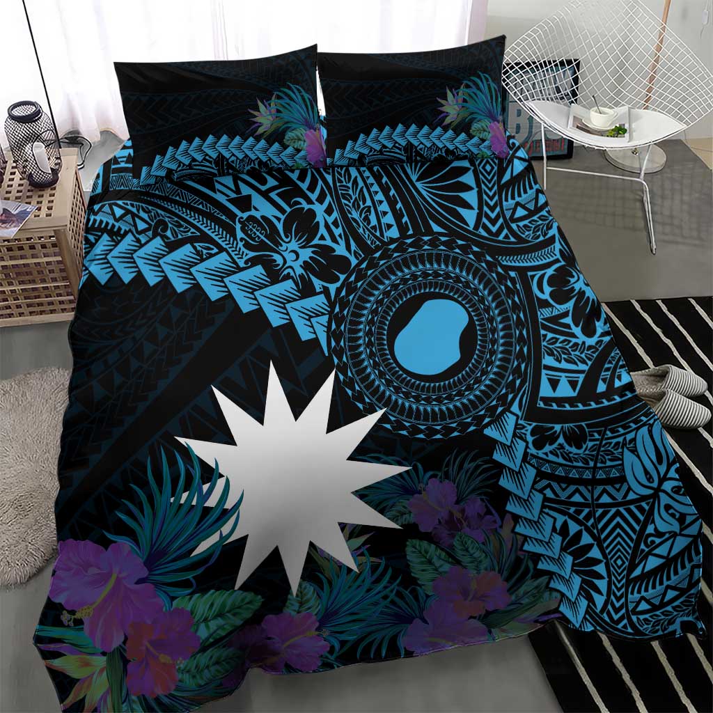 Blue Nauru Bedding Set Naoero Map With Polynesian Tropical Flowers