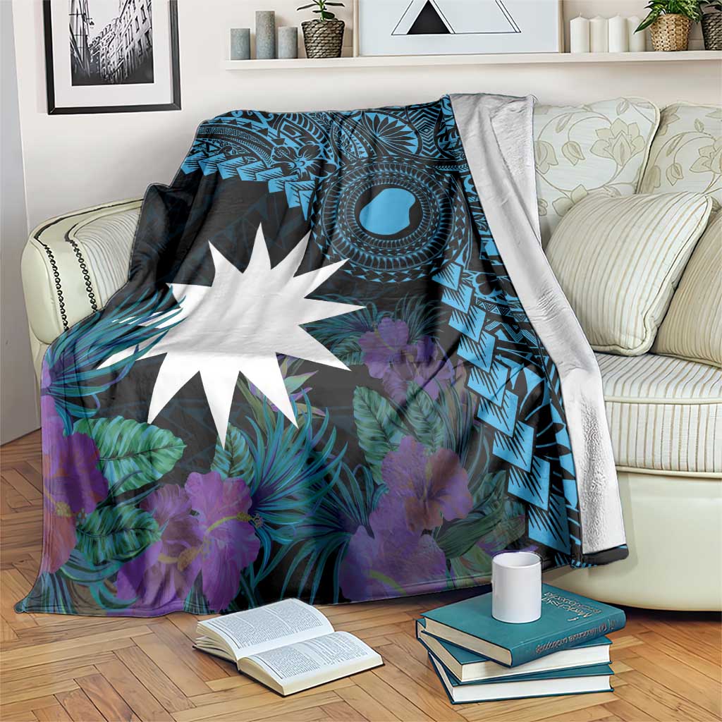 Blue Nauru Blanket Naoero Map With Polynesian Tropical Flowers LT14 Blue - Polynesian Pride