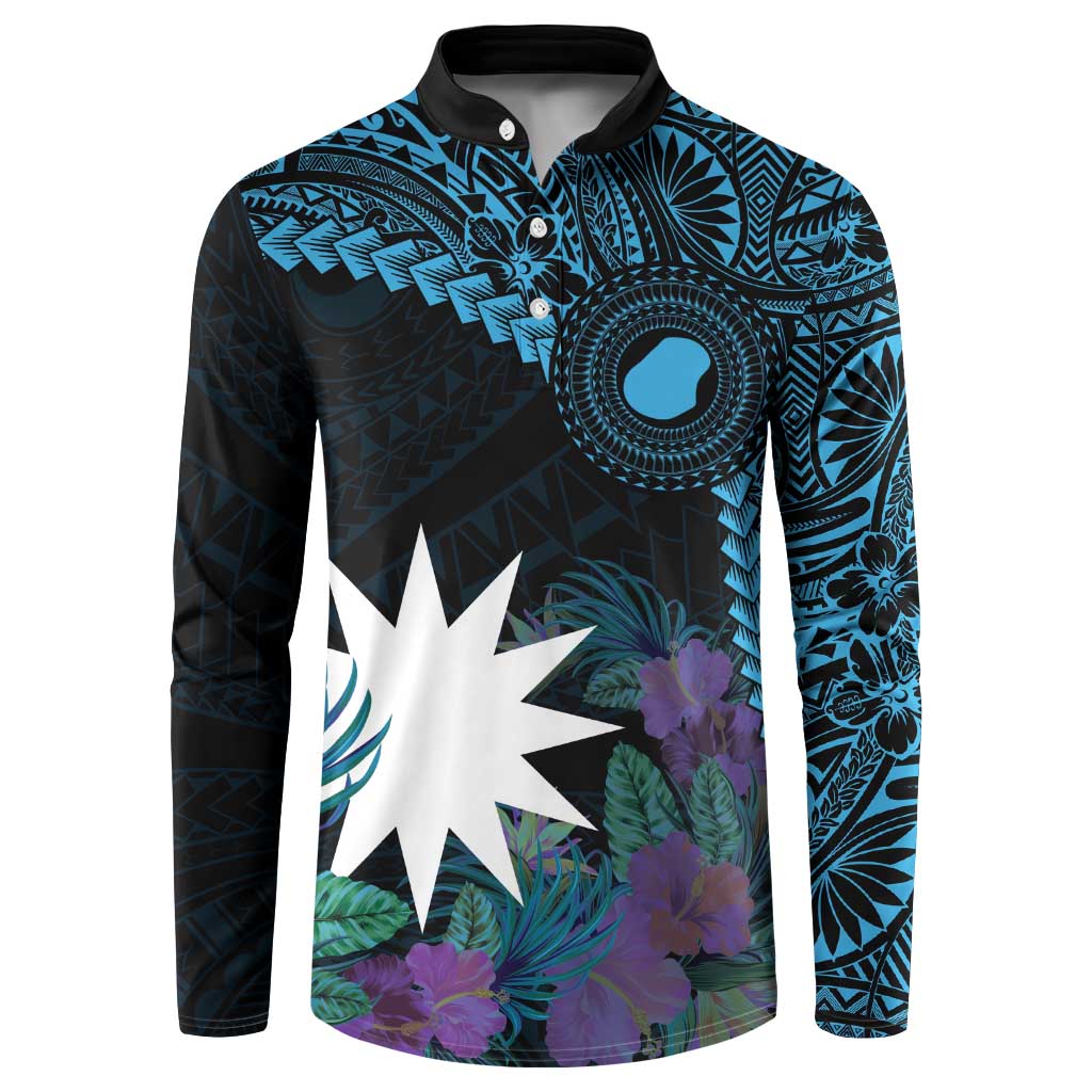 Blue Nauru Button Sweatshirt Naoero Map With Polynesian Tropical Flowers LT14 Blue - Polynesian Pride