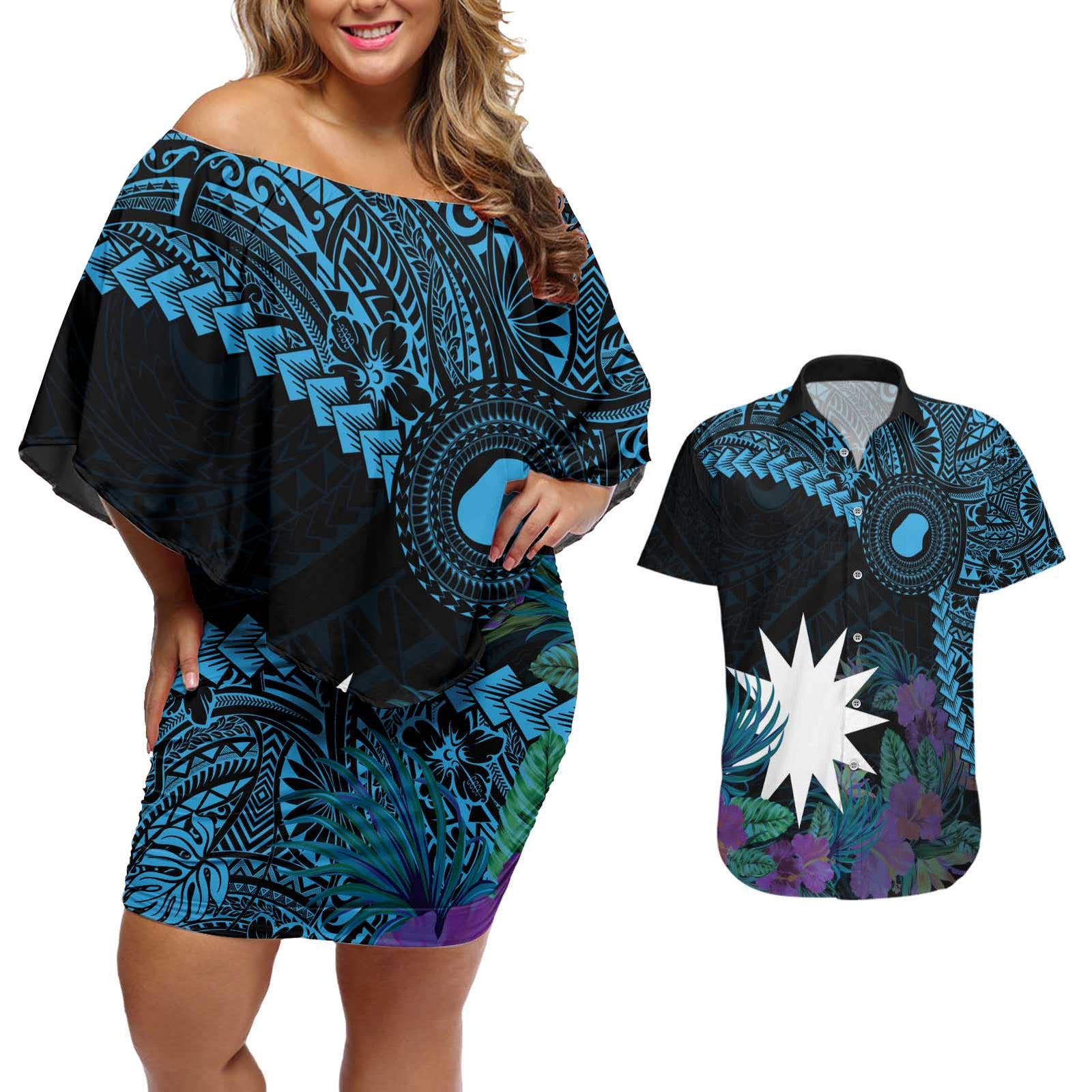 Blue Nauru Couples Matching Off Shoulder Short Dress and Hawaiian Shirt Naoero Map With Polynesian Tropical Flowers LT14 Blue - Polynesian Pride
