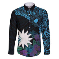 Blue Nauru Family Matching Mermaid Dress and Hawaiian Shirt Naoero Map With Polynesian Tropical Flowers LT14 Dad's Shirt - Long Sleeve Blue - Polynesian Pride