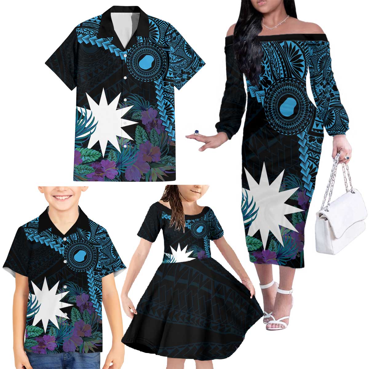 Blue Nauru Family Matching Off The Shoulder Long Sleeve Dress and Hawaiian Shirt Naoero Map With Polynesian Tropical Flowers LT14 - Polynesian Pride