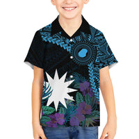 Blue Nauru Family Matching Off Shoulder Maxi Dress and Hawaiian Shirt Naoero Map With Polynesian Tropical Flowers LT14 Son's Shirt Blue - Polynesian Pride