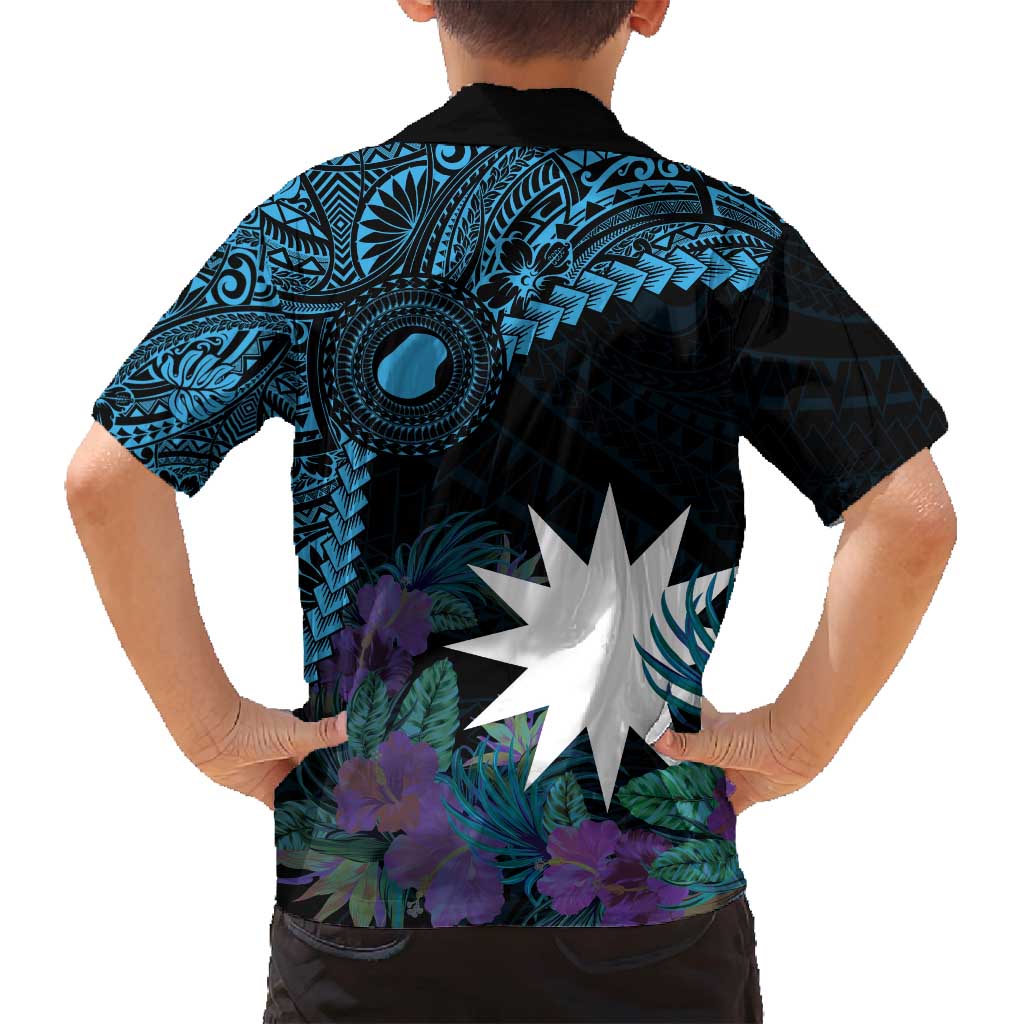 Blue Nauru Family Matching Tank Maxi Dress and Hawaiian Shirt Naoero Map With Polynesian Tropical Flowers
