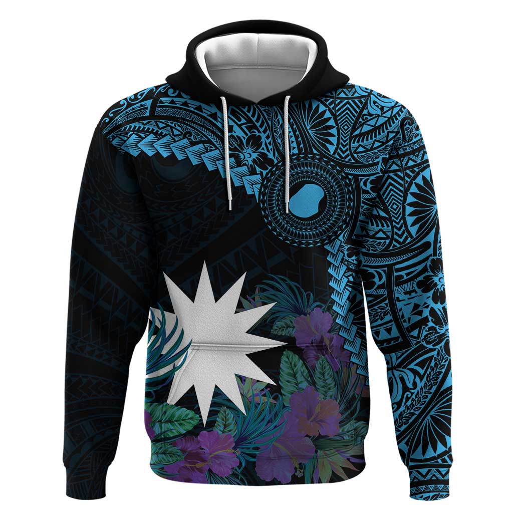 Blue Nauru Hoodie Naoero Map With Polynesian Tropical Flowers LT14 Pullover Hoodie Blue - Polynesian Pride