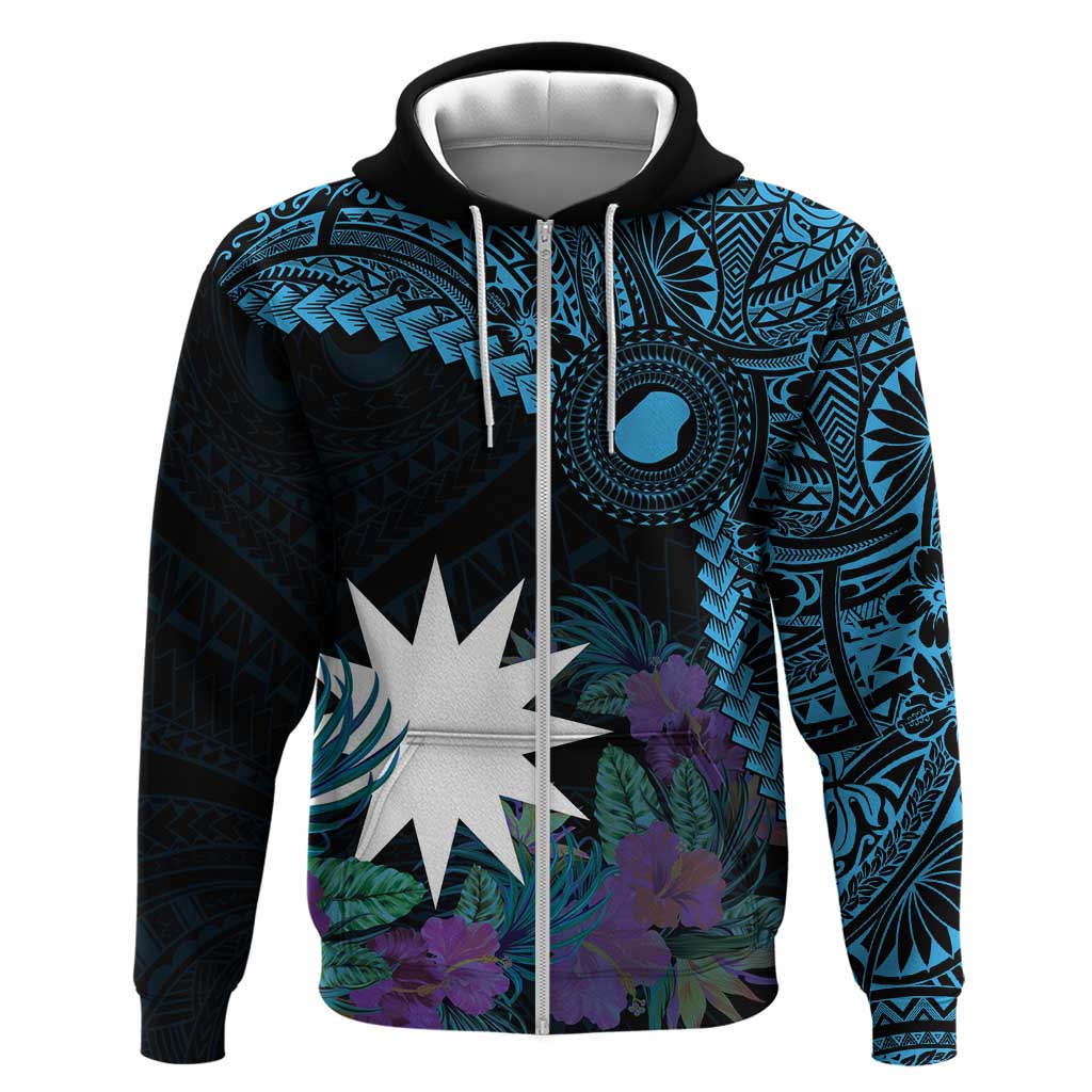 Blue Nauru Hoodie Naoero Map With Polynesian Tropical Flowers LT14 Zip Hoodie Blue - Polynesian Pride