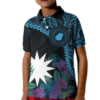 Blue Nauru Kid Polo Shirt Naoero Map With Polynesian Tropical Flowers