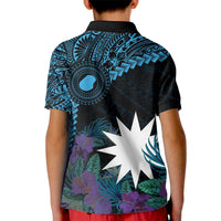 Blue Nauru Kid Polo Shirt Naoero Map With Polynesian Tropical Flowers