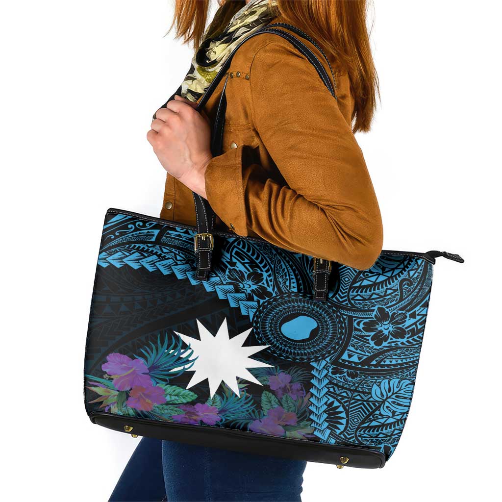 Blue Nauru Leather Tote Bag Naoero Map With Polynesian Tropical Flowers LT14 Blue - Polynesian Pride