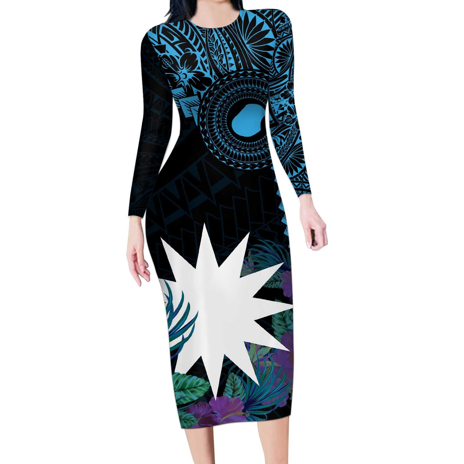 Blue Nauru Long Sleeve Bodycon Dress Naoero Map With Polynesian Tropical Flowers LT14 Long Dress Blue - Polynesian Pride