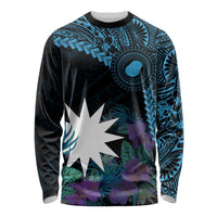 Blue Nauru Long Sleeve Shirt Naoero Map With Polynesian Tropical Flowers LT14 Unisex Blue - Polynesian Pride