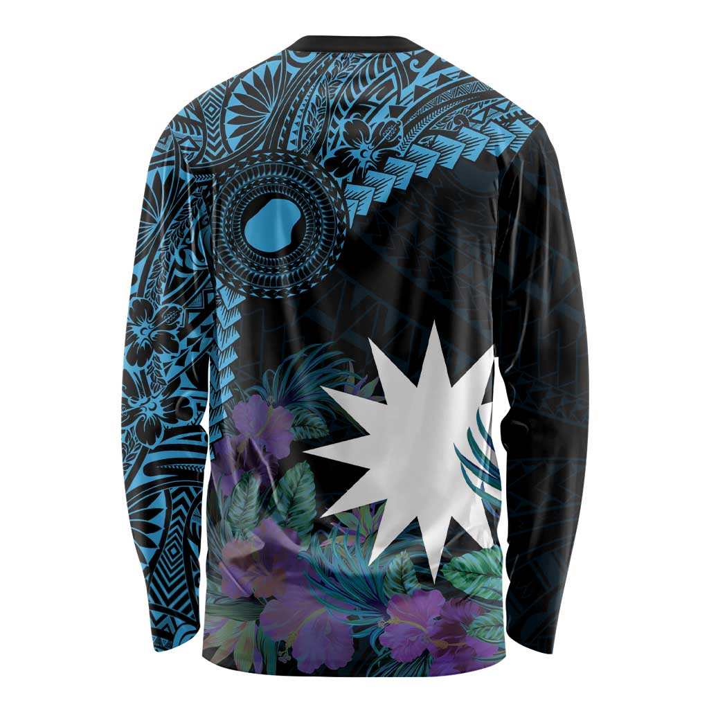 Blue Nauru Long Sleeve Shirt Naoero Map With Polynesian Tropical Flowers LT14 - Polynesian Pride