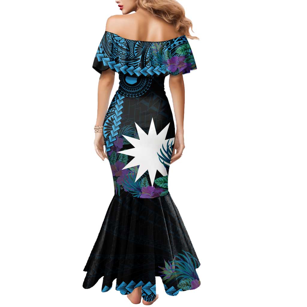 Blue Nauru Mermaid Dress Naoero Map With Polynesian Tropical Flowers LT14 - Polynesian Pride