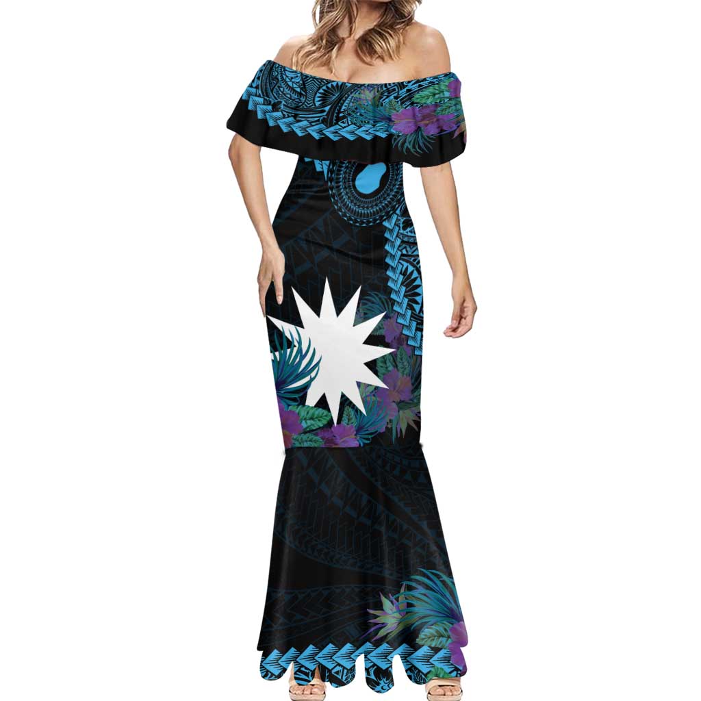 Blue Nauru Mermaid Dress Naoero Map With Polynesian Tropical Flowers LT14 - Polynesian Pride