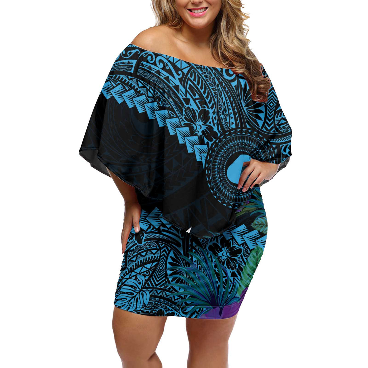 Blue Nauru Off Shoulder Short Dress Naoero Map With Polynesian Tropical Flowers LT14 Women Blue - Polynesian Pride