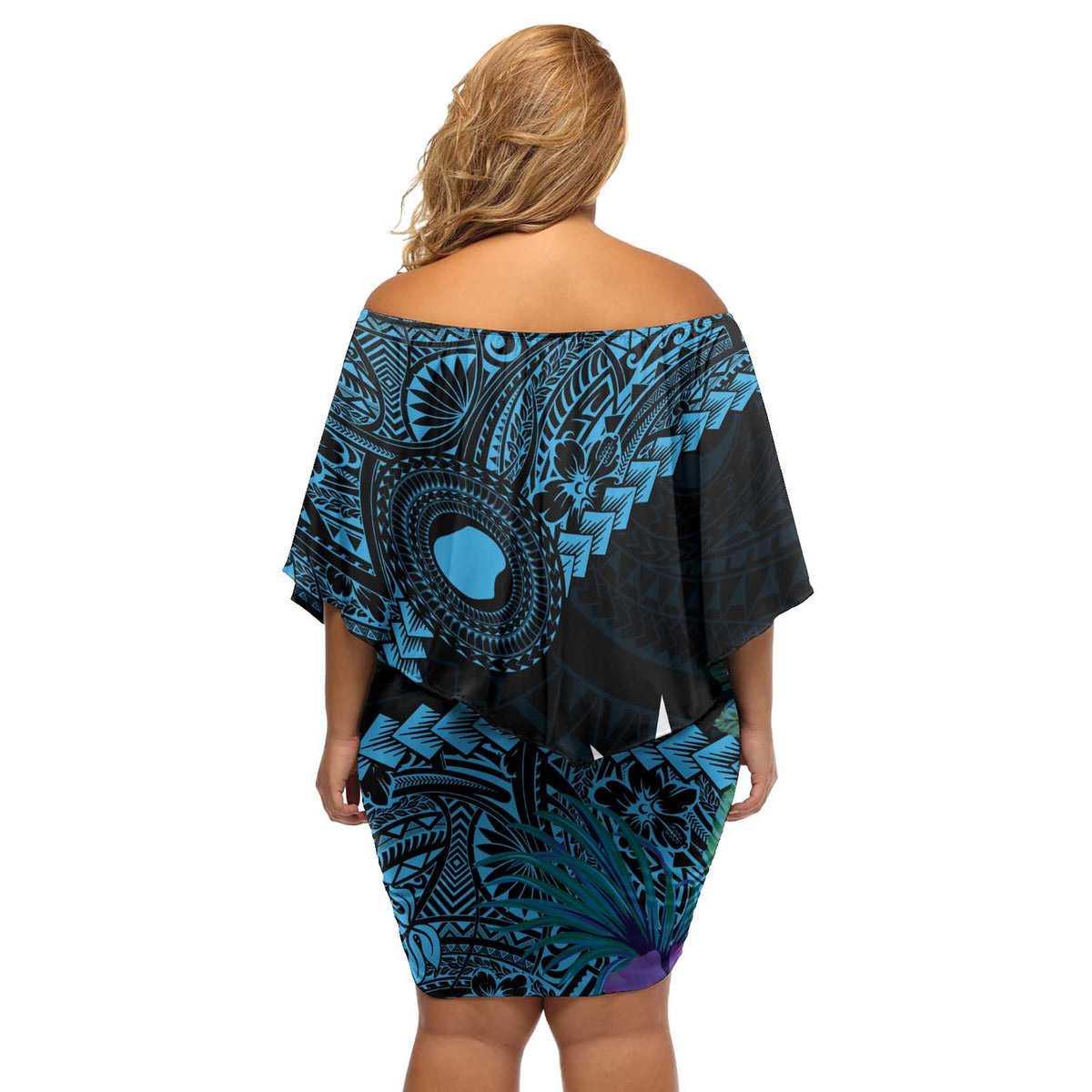 Blue Nauru Off Shoulder Short Dress Naoero Map With Polynesian Tropical Flowers LT14 - Polynesian Pride
