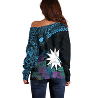 Blue Nauru Off Shoulder Sweater Naoero Map With Polynesian Tropical Flowers