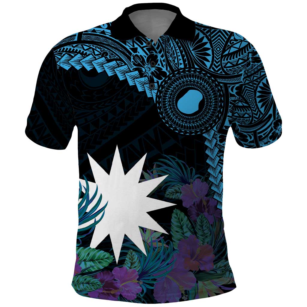 Blue Nauru Polo Shirt Naoero Map With Polynesian Tropical Flowers LT14 Blue - Polynesian Pride