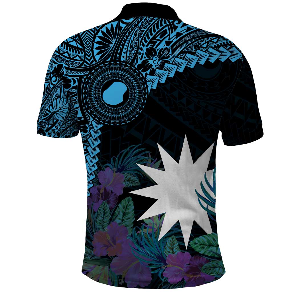 Blue Nauru Polo Shirt Naoero Map With Polynesian Tropical Flowers LT14 - Polynesian Pride