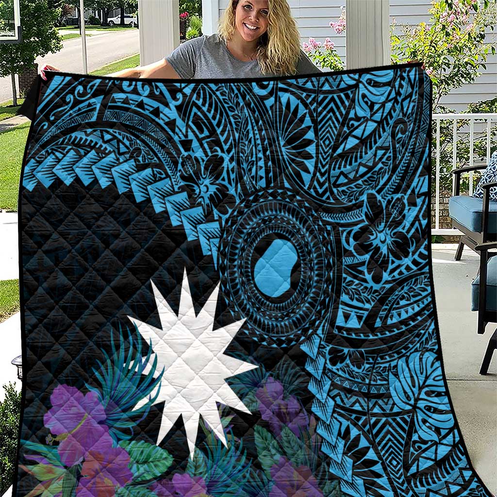 Blue Nauru Quilt Naoero Map With Polynesian Tropical Flowers LT14 Blue - Polynesian Pride