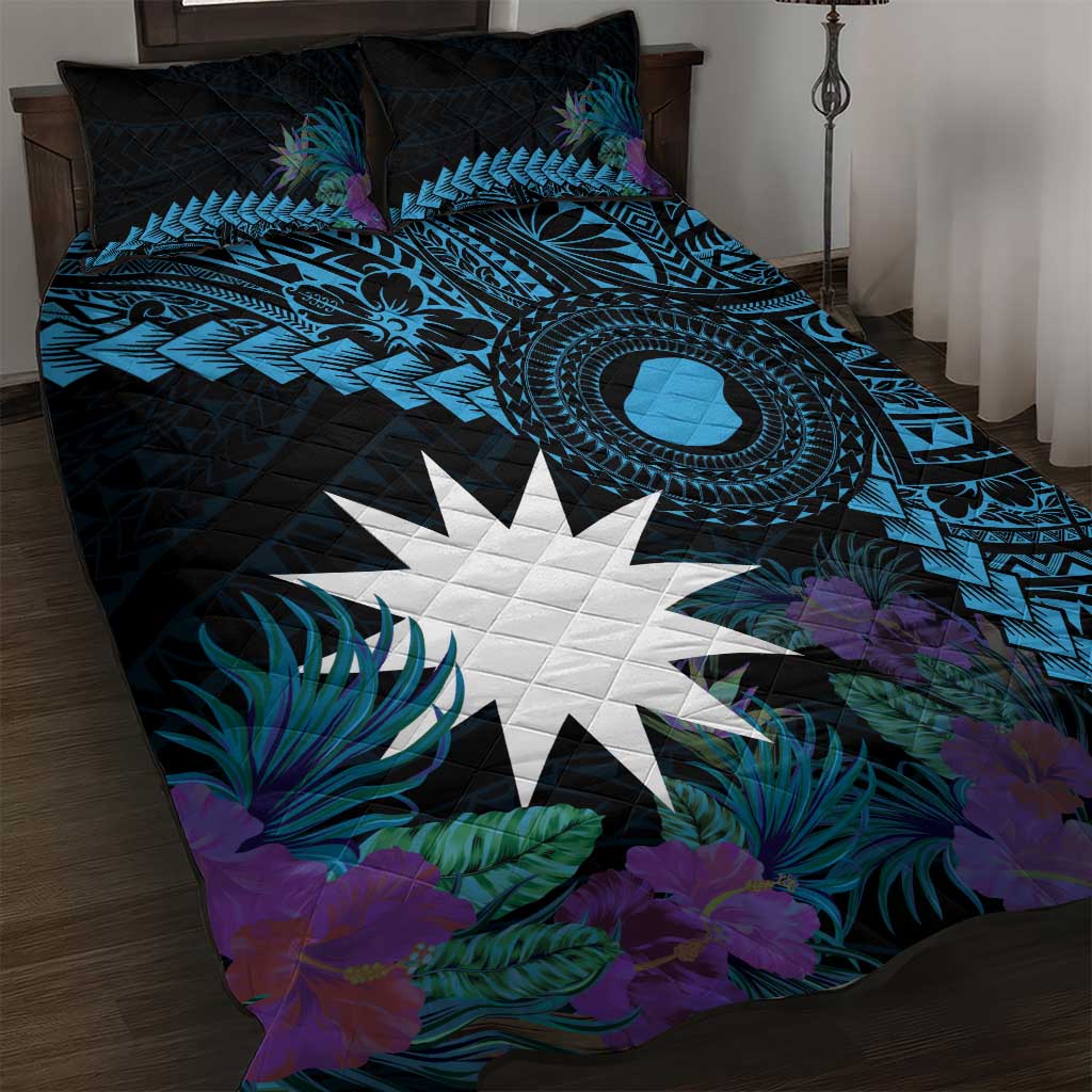 Blue Nauru Quilt Bed Set Naoero Map With Polynesian Tropical Flowers LT14 Blue - Polynesian Pride