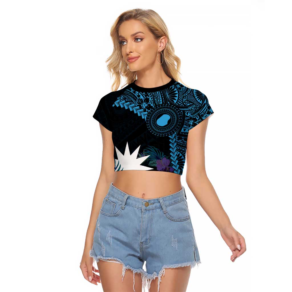 Blue Nauru Raglan Cropped T Shirt Naoero Map With Polynesian Tropical Flowers LT14 Female Blue - Polynesian Pride