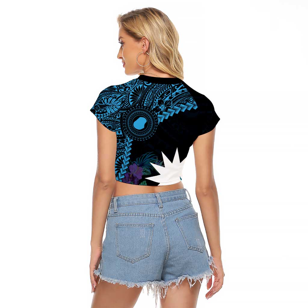 Blue Nauru Raglan Cropped T Shirt Naoero Map With Polynesian Tropical Flowers