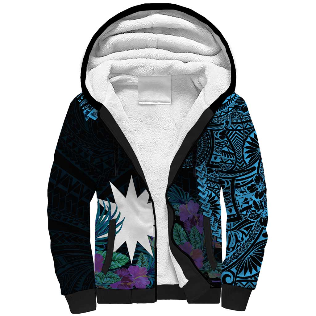 Blue Nauru Sherpa Hoodie Naoero Map With Polynesian Tropical Flowers LT14 Unisex Blue - Polynesian Pride