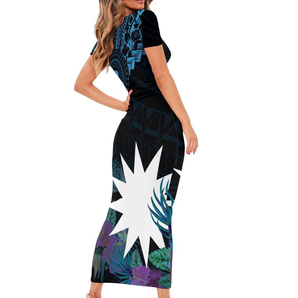 Blue Nauru Short Sleeve Bodycon Dress Naoero Map With Polynesian Tropical Flowers LT14 - Polynesian Pride