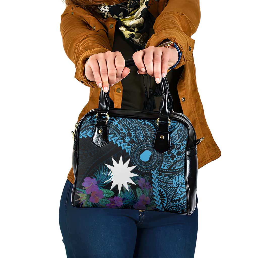 Blue Nauru Shoulder Handbag Naoero Map With Polynesian Tropical Flowers LT14 One Size Blue - Polynesian Pride