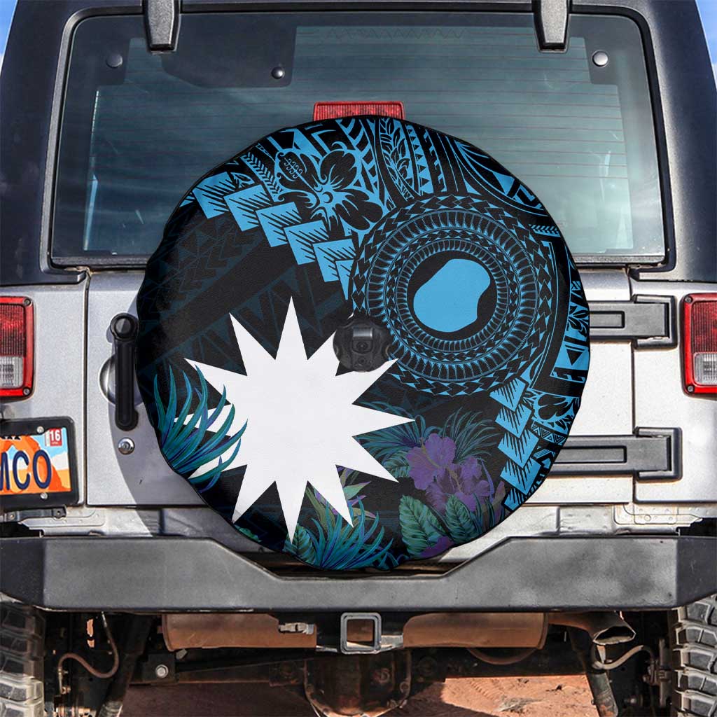 Blue Nauru Spare Tire Cover Naoero Map With Polynesian Tropical Flowers LT14 Blue - Polynesian Pride